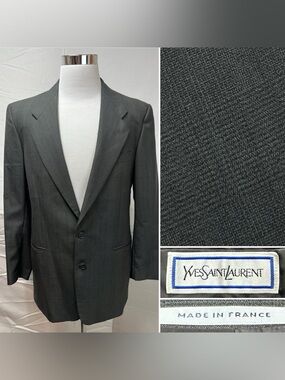Yves Saint Laurent YSL Vintage Men’s 40L Gray Plaid Wool Blazer Jacket Coat
